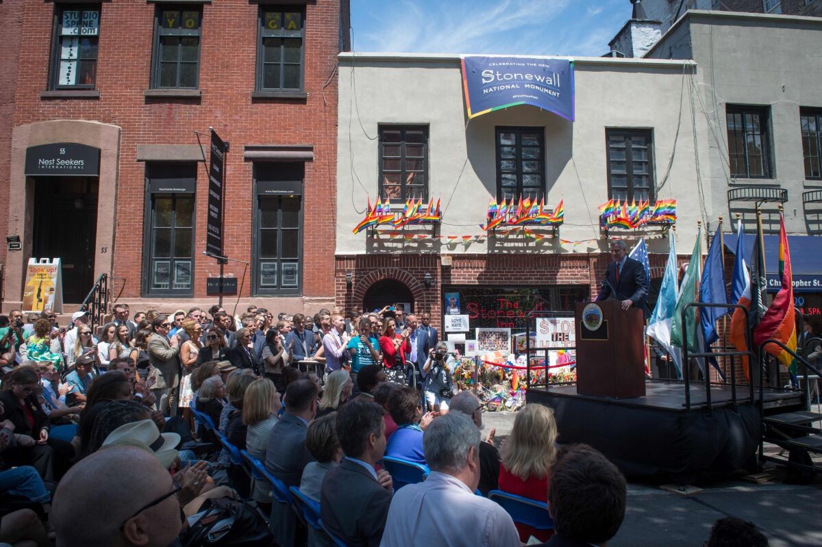 New York Mayor Bill de Blasio speaks at a ceremony to dedicate the Stonewall National Monument.