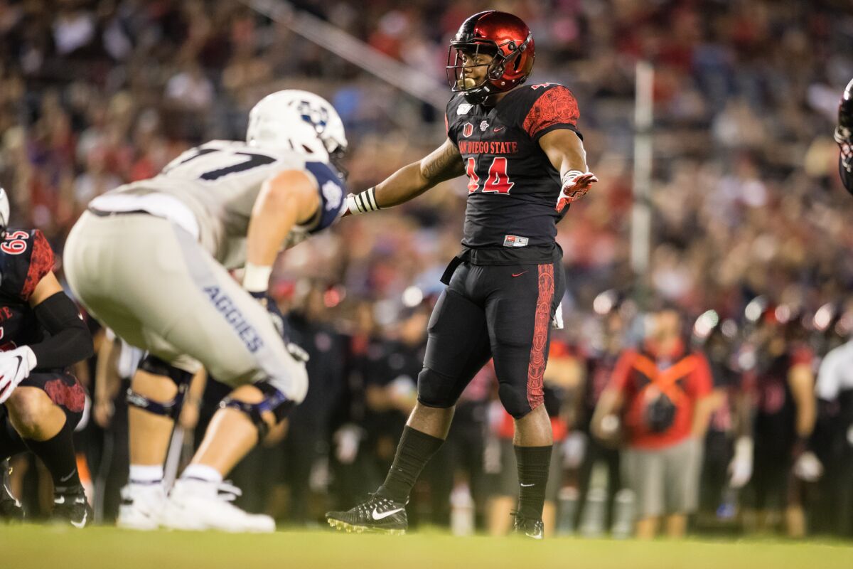 Challenges that included his mother spending a year and a half in prison helped motivate and shape Aztecs linebacker Kyahva Tezino.
