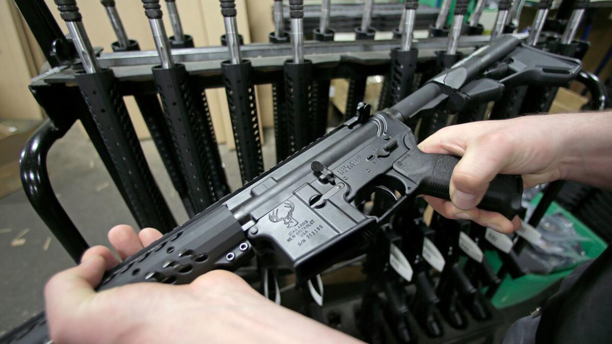 A newly assembled AR-15 rifle at the Stag Arms company in New Britain, Conn, on April 10, 2013.