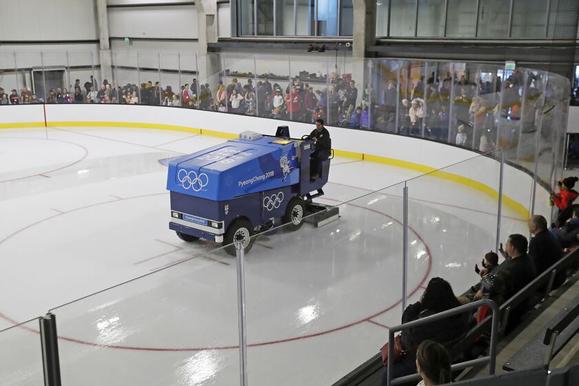 A Zamboni driver resurfaces one of four rinks at Great Park Ice & FivePoint Arena in Irvine on Wednesday, January 02, 2019.