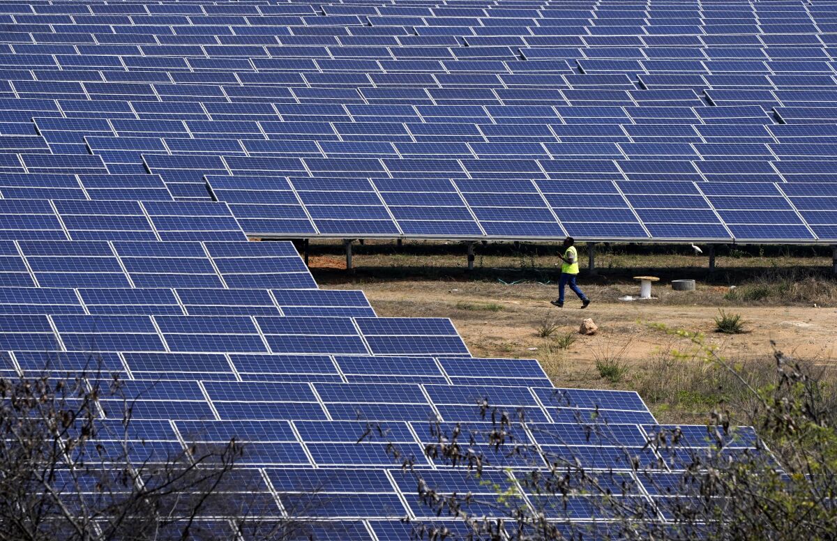 A man walks through a solar plant, an Adani Group project, in Ramanapeta, in the Indian southern state of Telangana, Wednesday, March 22, 2023. Gautam Adani and his companies lost tens of billions of dollars and the stock for his green energy companies have plummeted. Despite Adani's renewable energy targets accounting for 10% of India's clean energy goals, some analysts say Adani's woes won't likely hurt India's energy transition. (AP Photo/Mahesh Kumar A.)