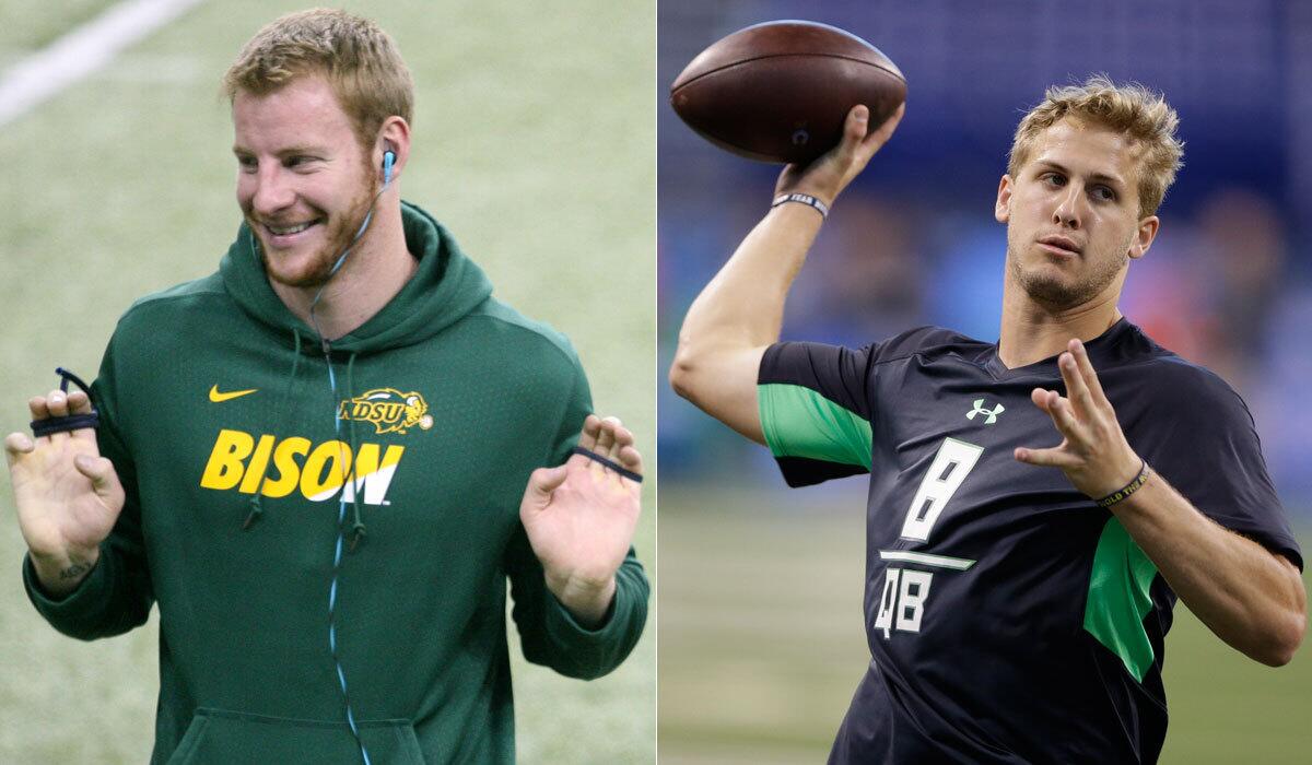 The Rams are believed to be leaning toward drafting North Dakota State’s Carson Wentz, left, but Cal’s Jared Goff is in the mix as well.