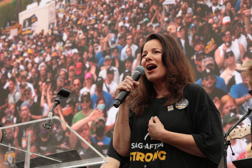 Los Angeles, CA - September 13: Paramount Studios Main Gate on Wednesday, Sept. 13, 2023 in Los Angeles, CA. SAG-AFTRA President Fran Drescher speaks to striking members of the SAG-AFTRA actors union as they gathered outside the Main Bronson Gate of Paramount Studios for a rally Wednesday morning in Hollywood. (Al Seib / For The Times)