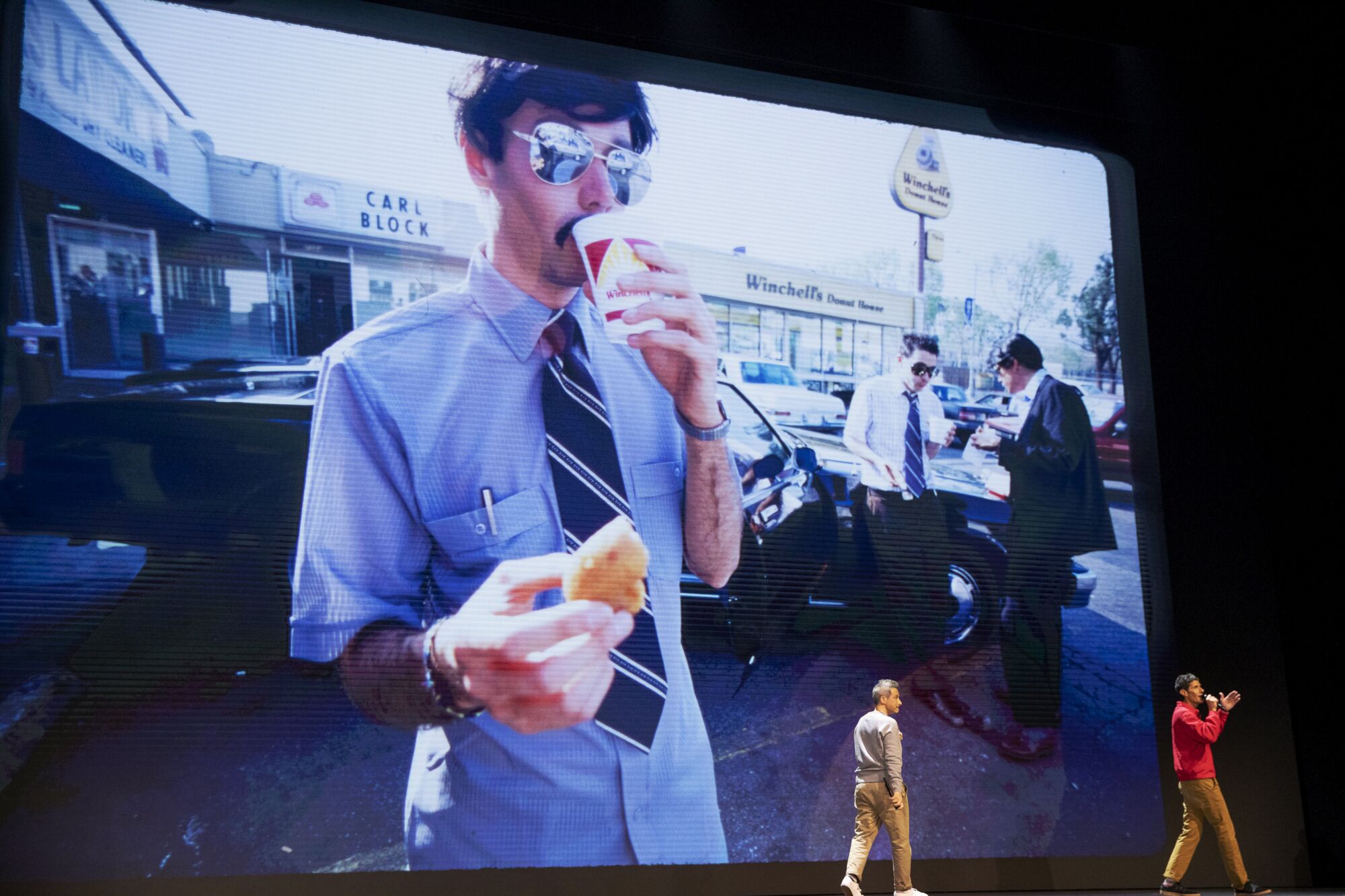 Filming of Spike Jonze’s "Beastie Boys Story" in April 2019 at Kings Theatre in Brooklyn, N.Y. The late Adam Yauch is seen on the big screen; Adam Horovitz and Michael Diamond are on stage.