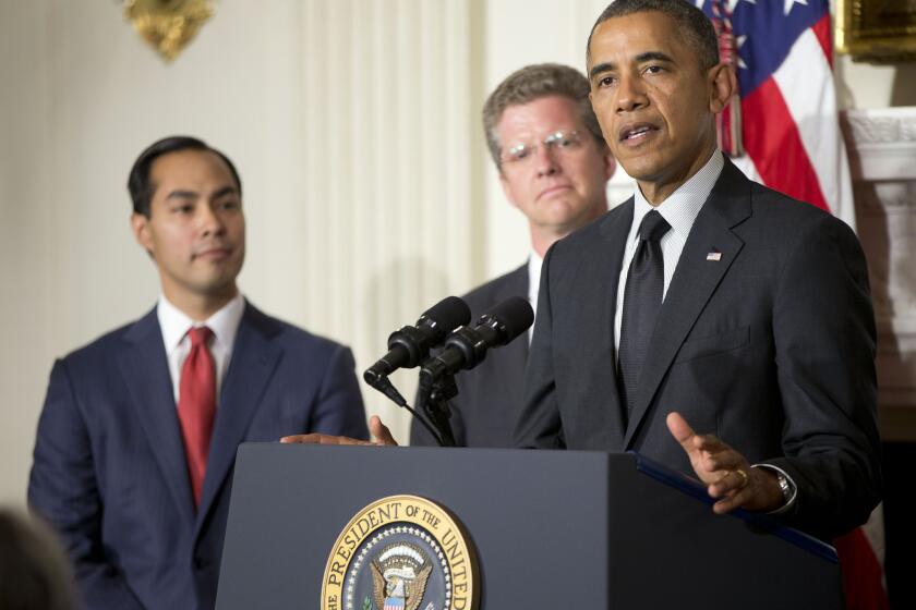 President Obama announces the nomination of San Antonio Mayor Julian Castro, left, to lead the Department of Housing and Urban Development to replace Shaun Donovan, center, who the president named to head the Office of Management and Budget, at the White House on Friday.