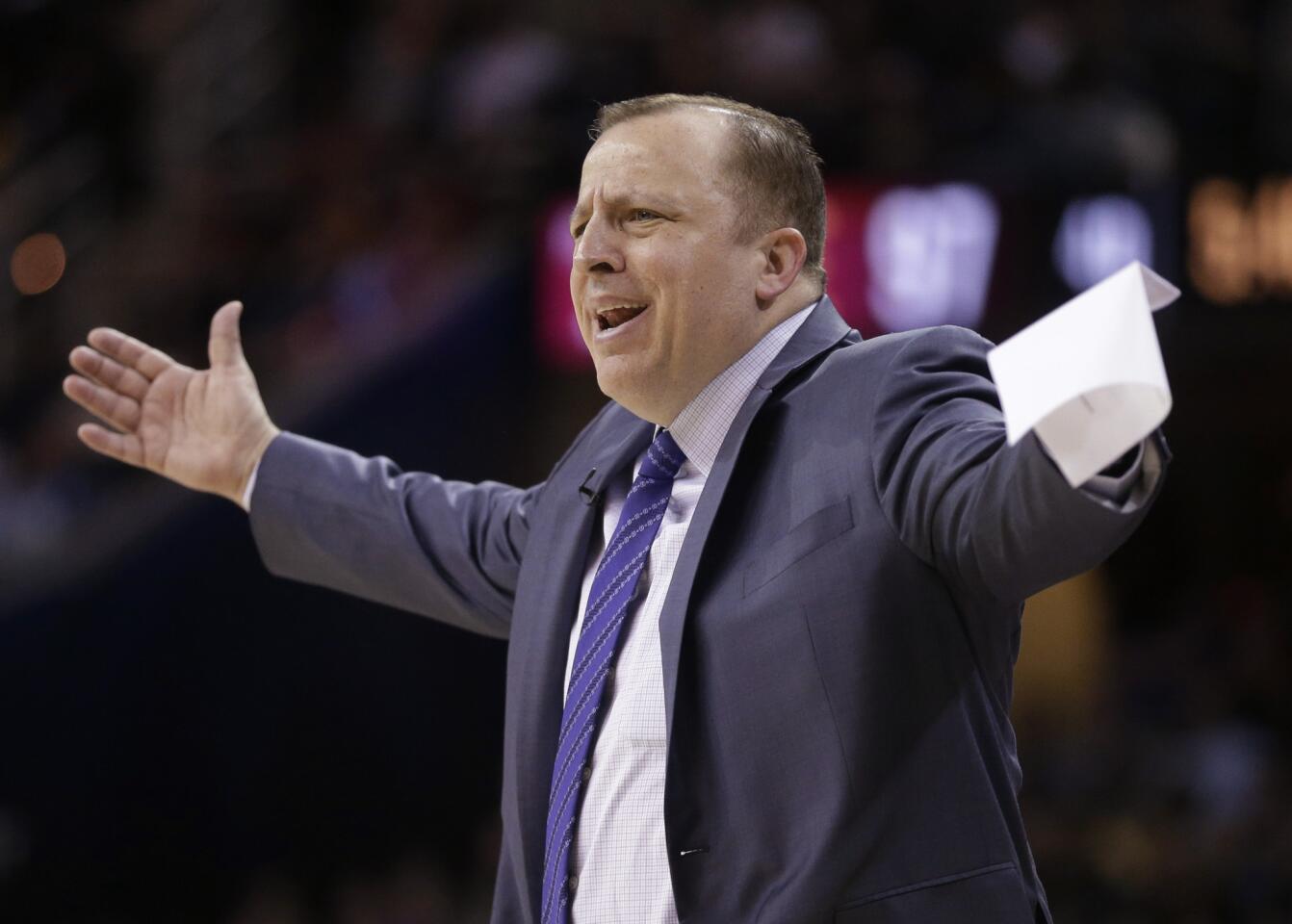 Tom Thibodeau reacts to a call in the fourth quarter.