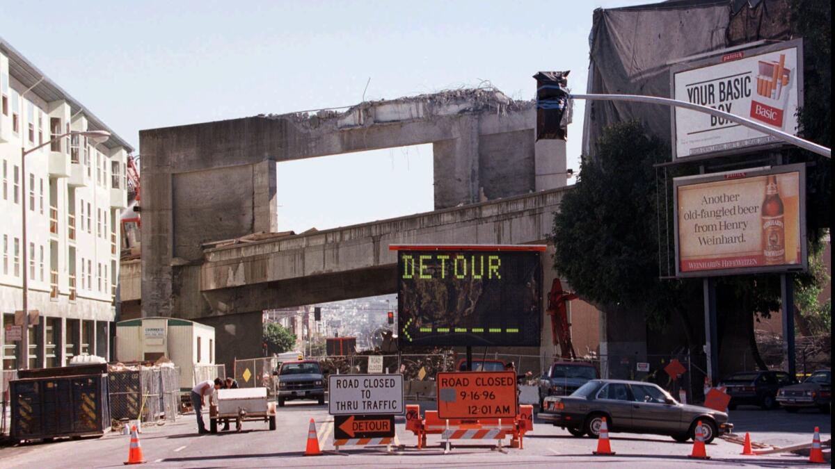 Crews in 1996 tear down support columns for the upper deck of San Francisco's Central Freeway. The demolition of the city’s Embarcadero Freeway and a portion of the Central Freeway led to a renaissance of previously blighted areas.