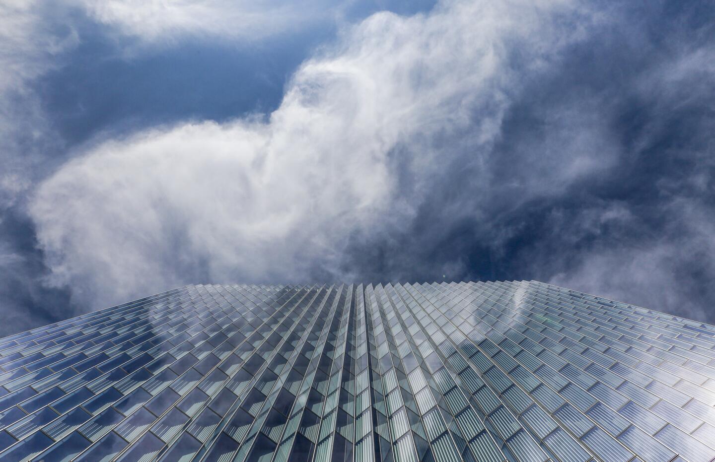 Clouds billow above the new federal courthouse in downtown L.A.'s civic center.