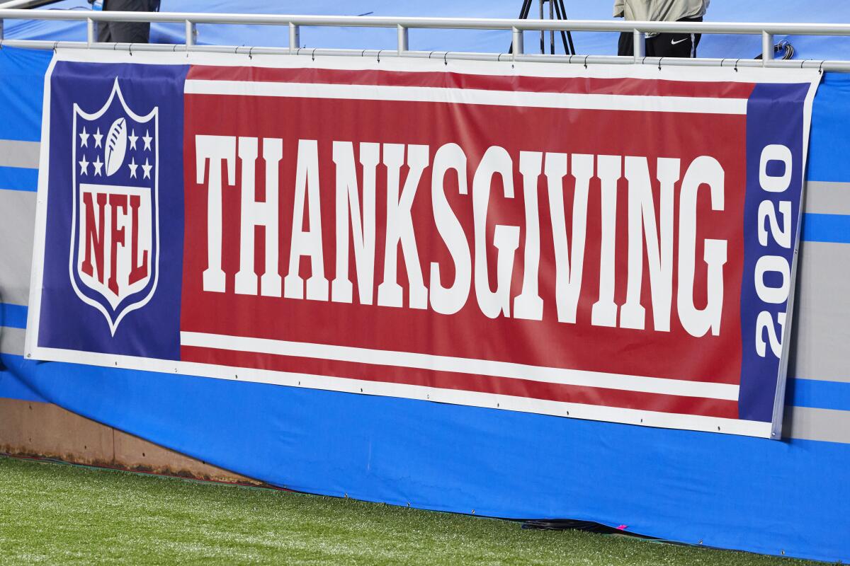 An NFL Thanksgiving 2020 banner hangs at Ford Field as the Lions host the Houston Texans on Nov. 26.