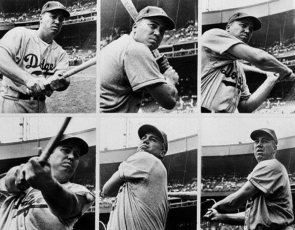 A sequence of photos shows the powerful swing of Brooklyn Dodgers center fielder Duke Snider in 1955.