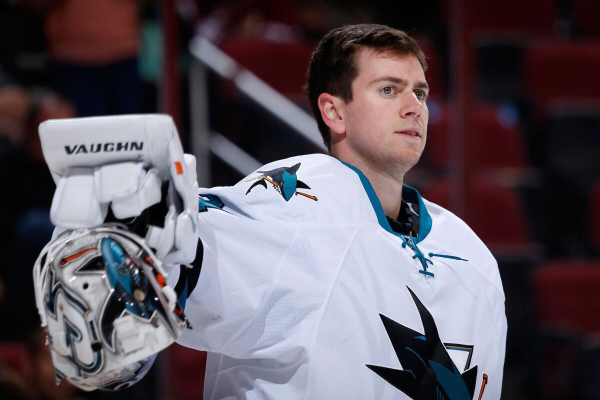 San Jose goaltender Martin Jones gets a break during a preseason game against Arizona on Oct. 2.