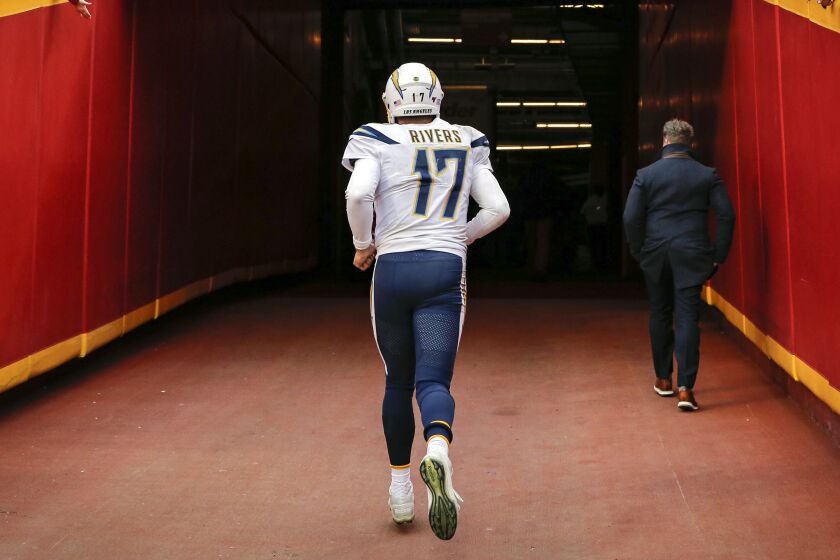 KANSAS CITY, MO - DECEMBER 29: Philip Rivers #17 of the Los Angeles Chargers runs into the tunnel following the Chargers 31-21 loss to the Kansas City Chiefs at Arrowhead Stadium on December 29, 2019 in Kansas City, Missouri. (Photo by David Eulitt/Getty Images)