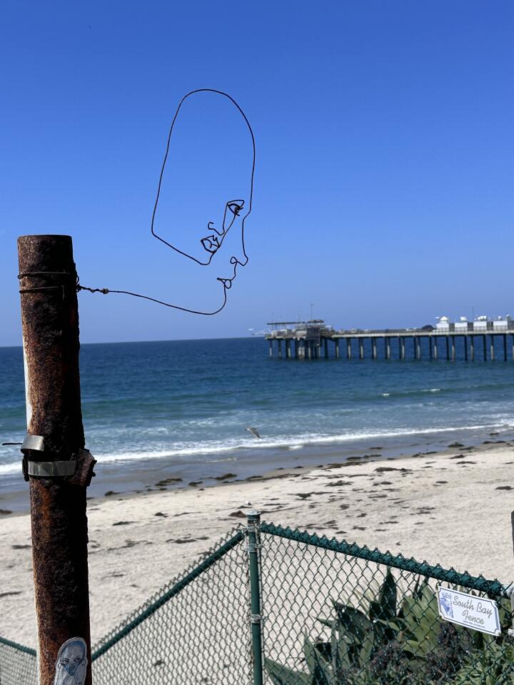 Alan Ackerberg An artist turned a piece of wire into a face gazing at Scripps Pier from atop a fence post.jpg
