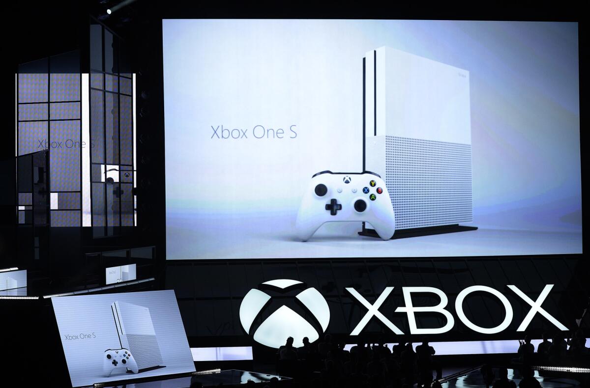 LOS ANGELES, CA - JUNE 13: The new Microsoft Xbox One S console is announced during the Microsoft Xbox news conference at the E3 Gaming Conference on June 13, 2016 in Los Angeles, California. The One S is slated to launch in August.