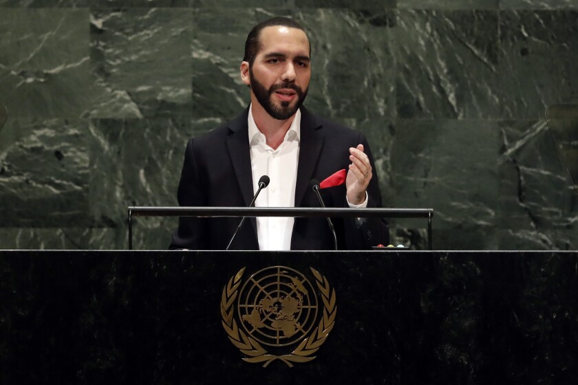 El presidente de El Salvador, Nayib Bukele, se dirige a la Asamblea General de las Naciones Unidas de 2019