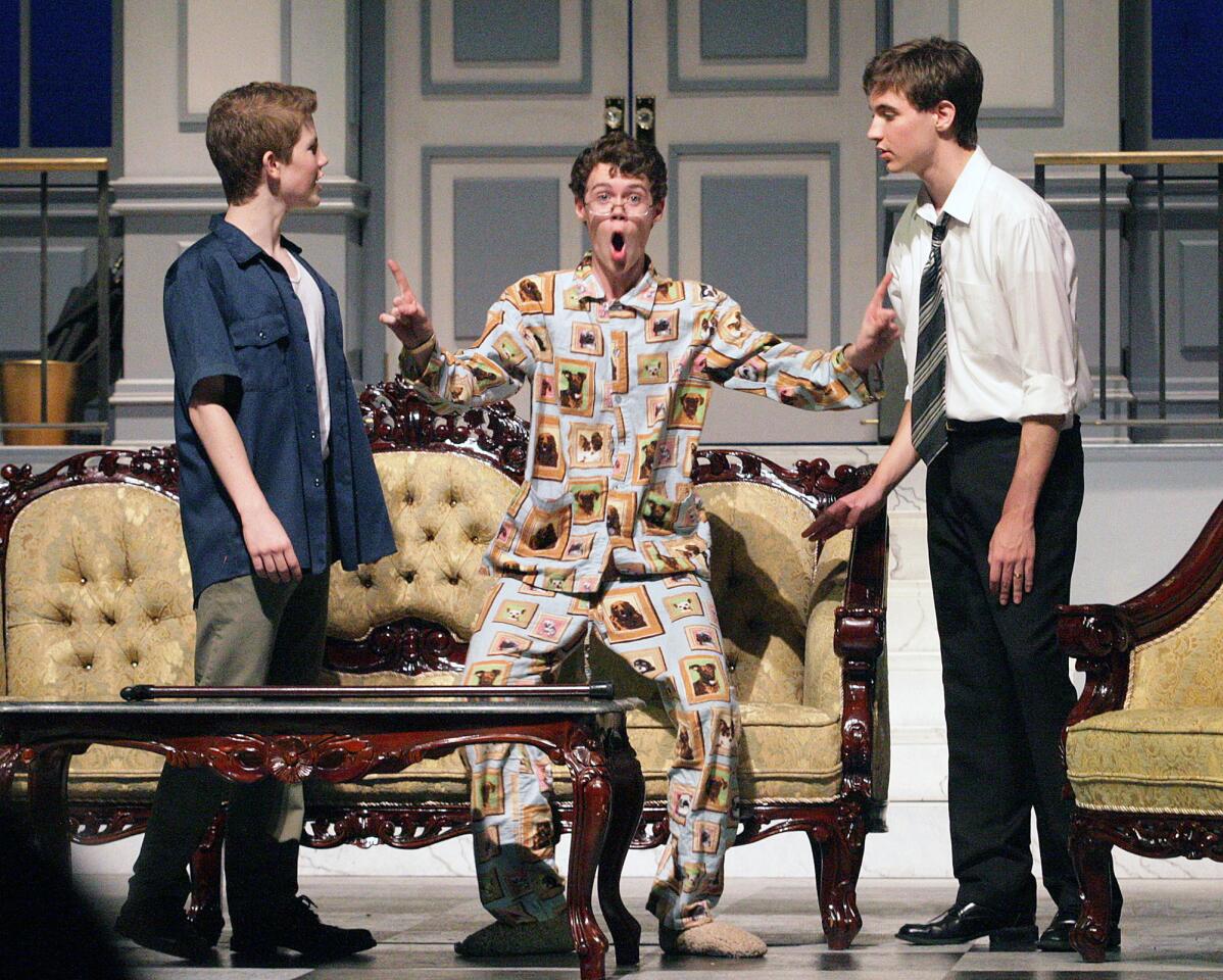 Lucas Hallman, who plays Uncle George, Anthony Crehan, who plays Norman McDonald, and Joseph Sevigny, who plays Eric Swan, perform at La Ca-ada High School on closing night of the school's first production "Cash on Delivery" on Tuesday, September 22, 2015. The school's drama department will produce 8 shows this school year.