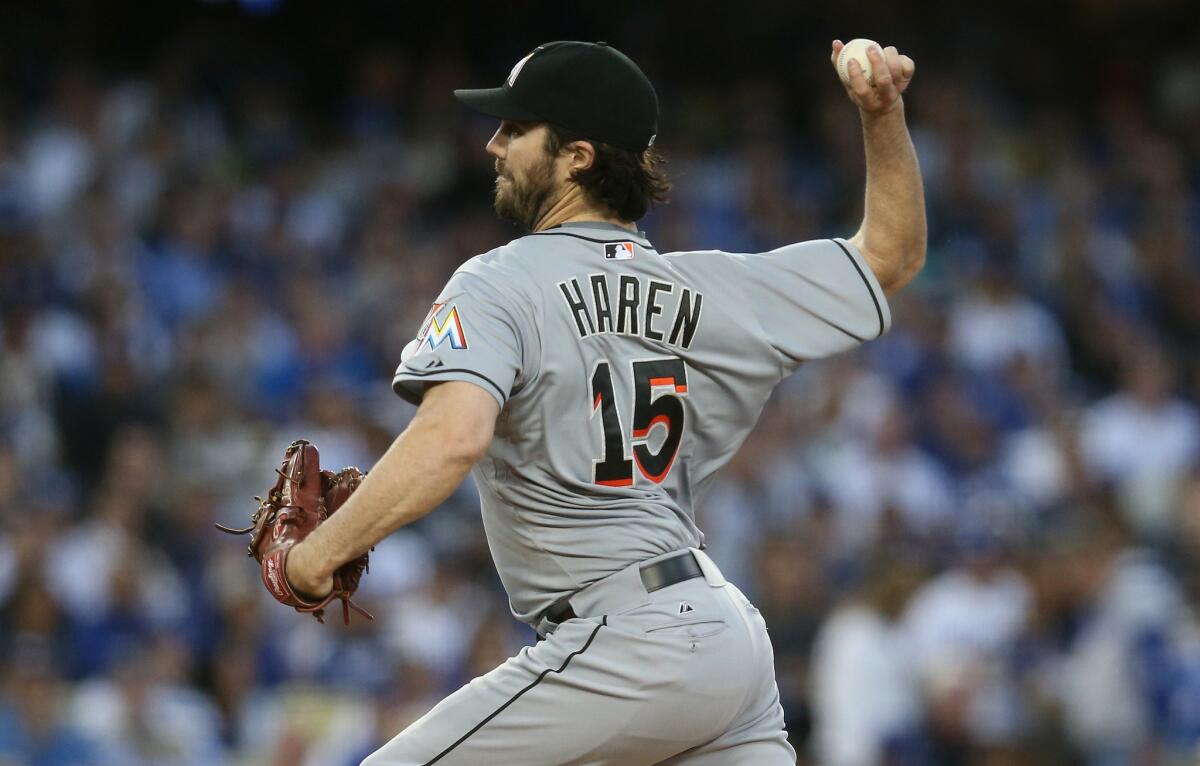 Miami pitcher Dan Haren gave up six earned runs on 11 hits through 4 1/3 innings in a loss to the Dodgers, 11-1.