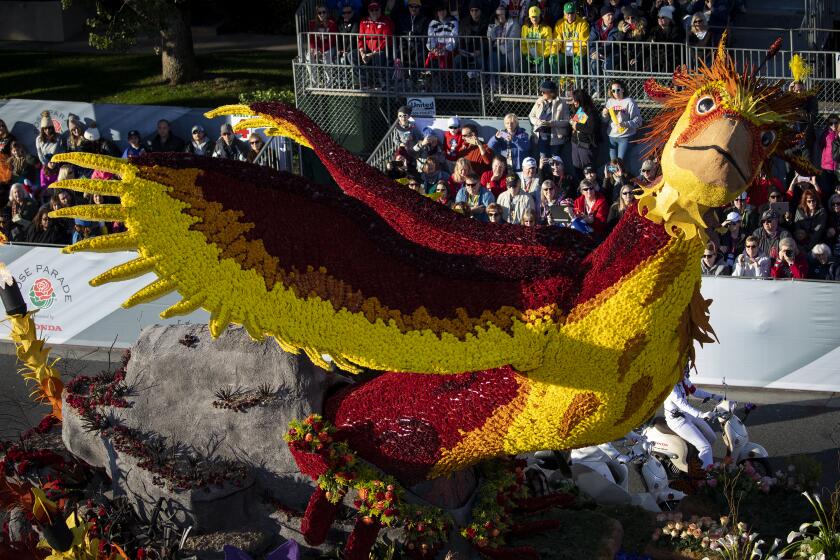 PASADENA, CA JANUARY 1, 2020: The City of Burbank float “Rise Up” during the 2020 Rose Parade in Pasadena, Calif. January 1, 2020. This year’s theme, “The Power of Hope,” celebrates the influence of hope. (Francine Orr/ Los Angeles Times)