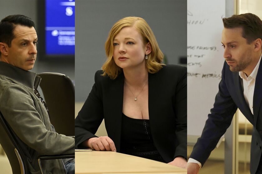 This combination of three separate photos shows Jeremy Strong as Kendall Roy, left, Sarah Snook as Shiv Roy, center, and Kieran Culkin as Roman Roy, from the HBO series "Succession." (HBO via AP)