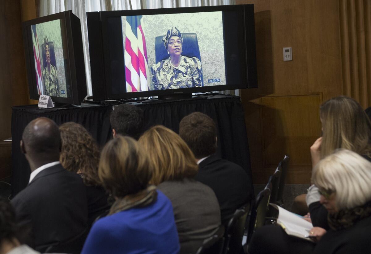 President Ellen Johnson Sirleaf of Liberia speaks via video on the international response to the Ebola crisis during a Senate subcommittee hearing on Capitol Hill in Washington on Wednesday.