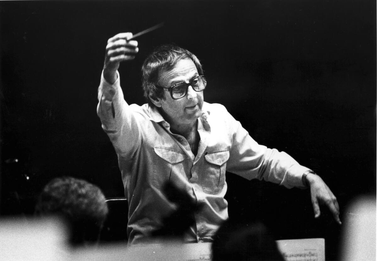 Andre Previn rehearses with the Los Angeles Philharmonic on Dec. 2, 1986.