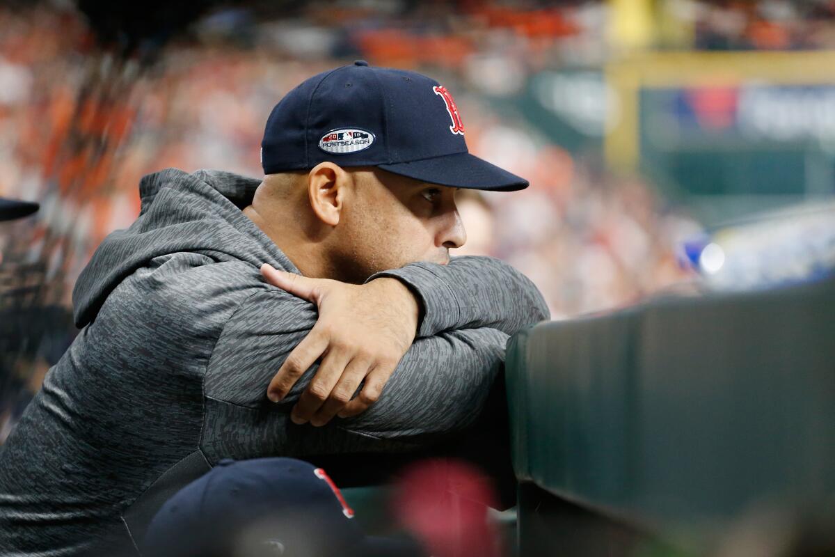 Then-Red Sox manager Alex Cora looks on during Game 5 of the 2018 ALCS against the Astros in in Houston.