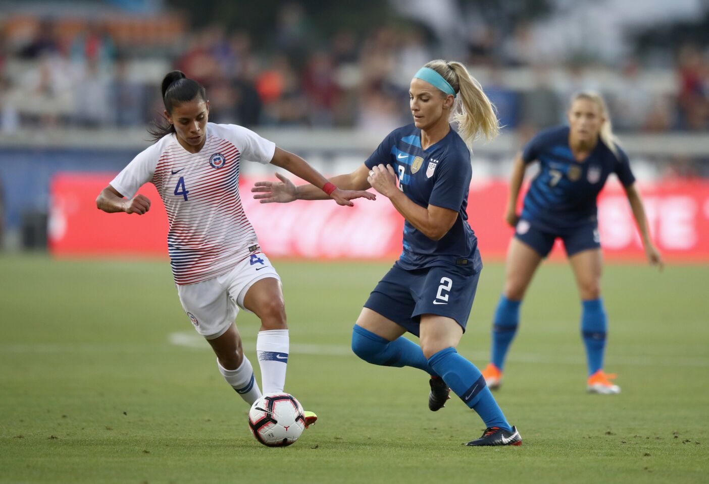 SAN JOSE, CA - SEPTEMBER 04: Julie Ertz of the United States plays defense on Francisca Lara of Chili during their match at Avaya Stadium on September 4, 2018 in San Jose, California. (Photo by Ezra Shaw/Getty Images) ** OUTS - ELSENT, FPG, CM - OUTS * NM, PH, VA if sourced by CT, LA or MoD **