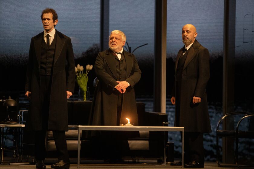 LOS ANGELES, CA - MARCH 02: From Left - Adam Godley, Simon Russell Beale and Howard W. Overshown perform in "The Lehman Trilogy" at the Ahmanson Theater on Wednesday, March 2, 2022 in Los Angeles, CA. (Jason Armond / Los Angeles Times)