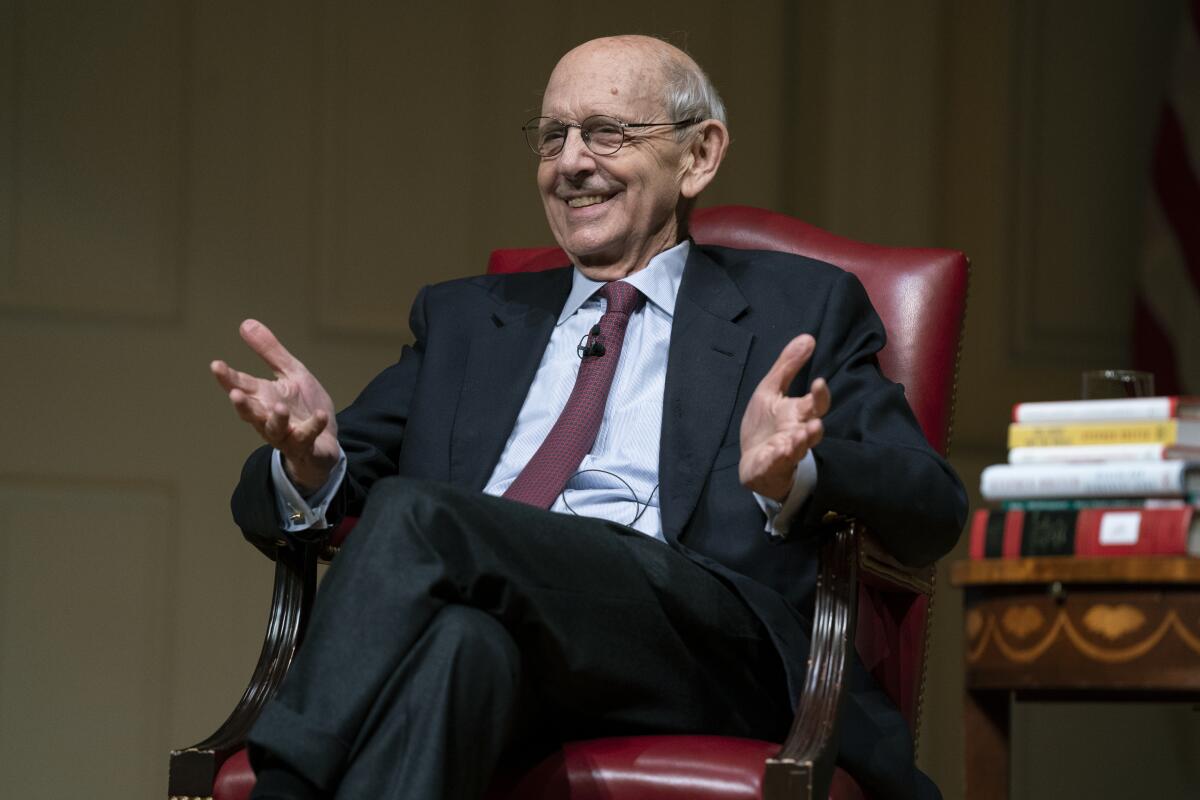 FILE - Then-Supreme Court Justice Stephen Breyer speaks during an event at the Library of Congress for the 2022 Supreme Court Fellows Program hosted by the Law Library of Congress, Feb. 17, 2022, in Washington. Breyer has become the honorary co-chairman of a nonpartisan group devoted to education about the Constitution. Breyer joins Justice Neil Gorsuch at a time of intense political polarization and rising skepticism about the court's independence. (AP Photo/Evan Vucci, Pool, File)