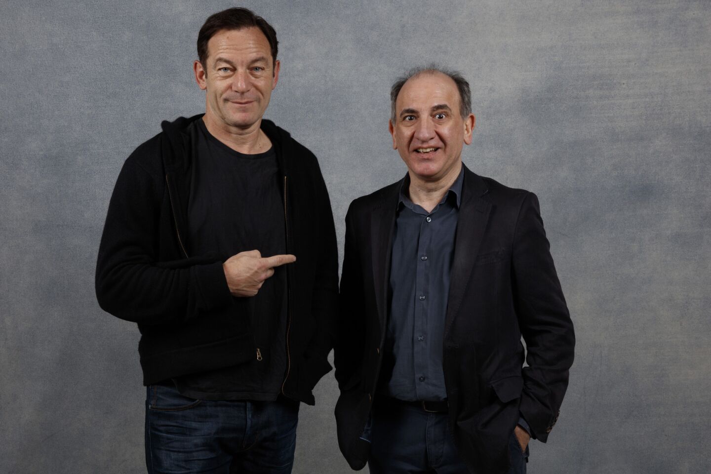 Actor Jason Isaacs and writer/director Armando Iannucci, from the film "The Death of Stalin," photographed in the L.A. Times Studio during the Sundance Film Festival in Park City, Utah, Jan. 20, 2018.