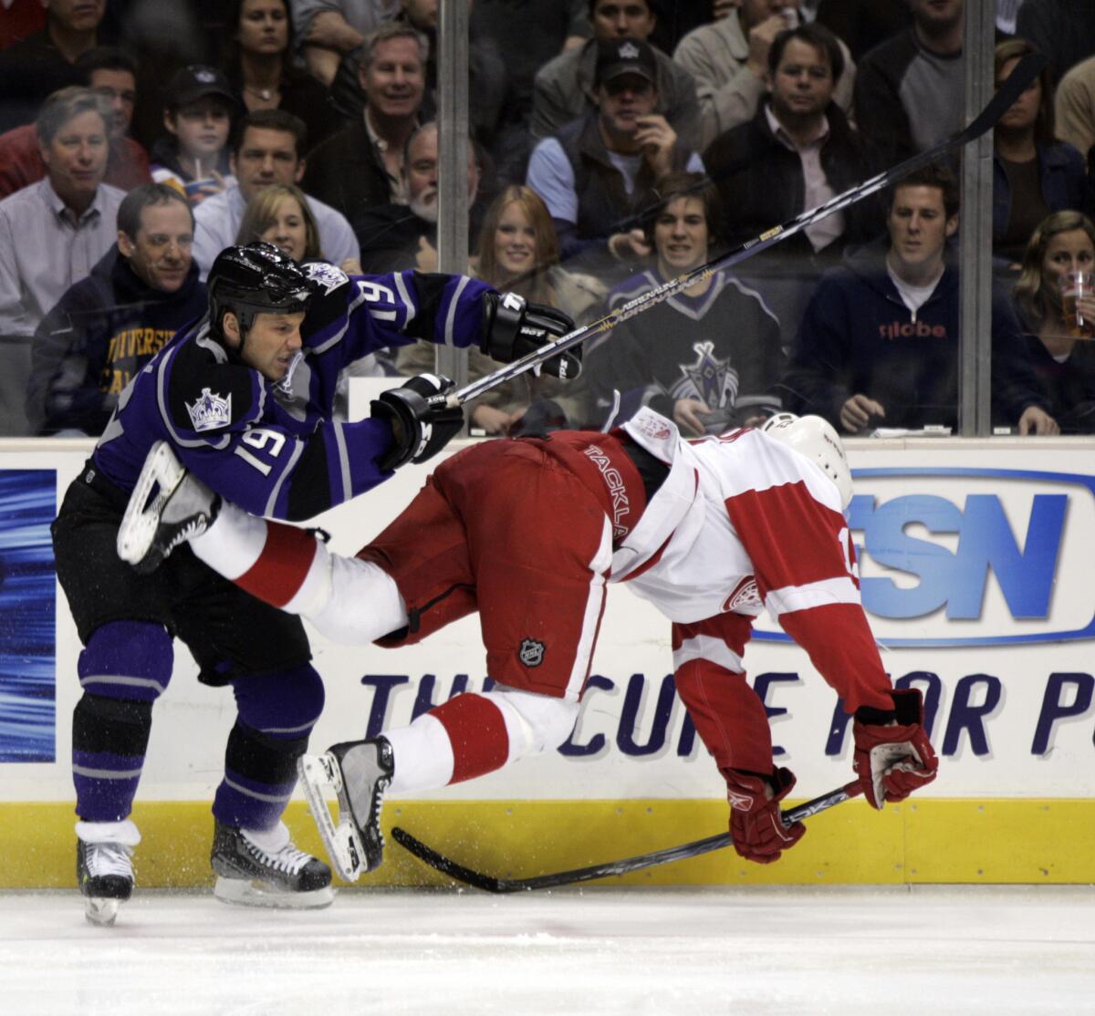 The Kings' Sean Avery checks Detroit's Pavel Datsyuk back in 2005. Avery made plenty of headlines. His post-game rants became productive moments ... for writers.