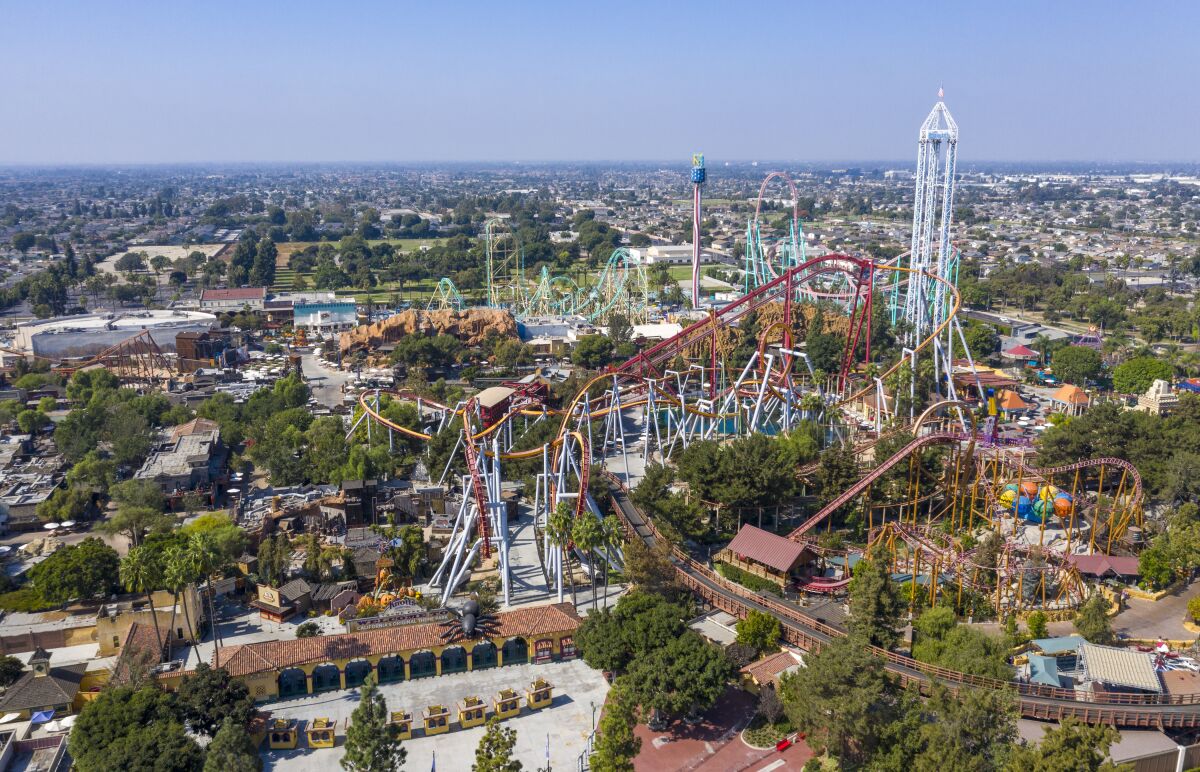 An aerial view of the closed Knott’s Berry Farm.