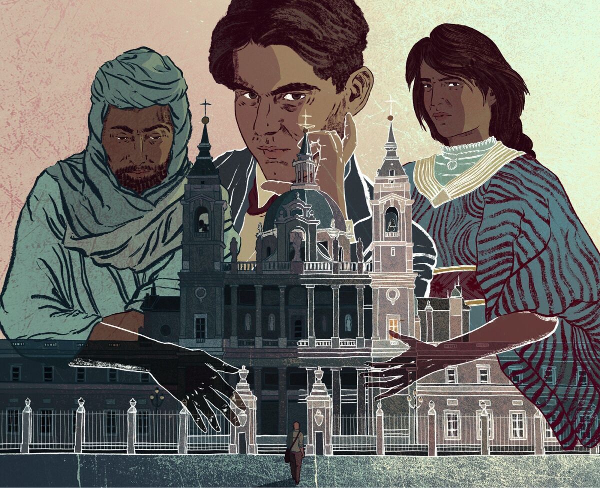 A illustrated of Federico García Lorca, center, flanked by "ghosts" of people colonized under Spanish rule.