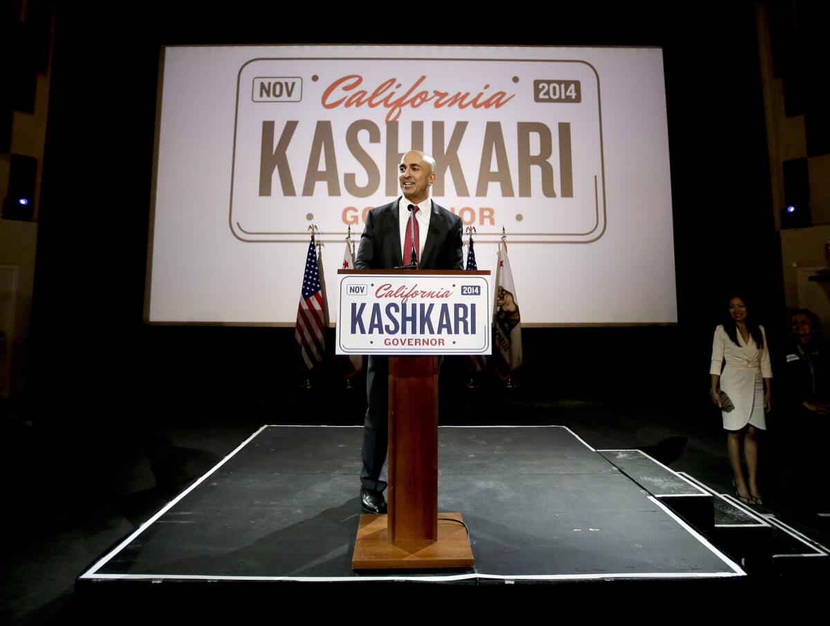 California Republican gubernatorial candidate Neel Kashkari addresses supporters during an election night party.