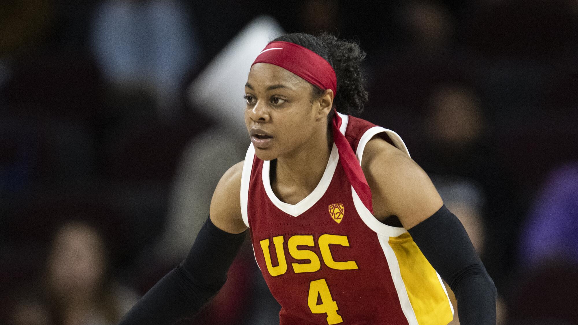 USC guard Kayla Williams takes her stance during a game against UCLA in 2022.