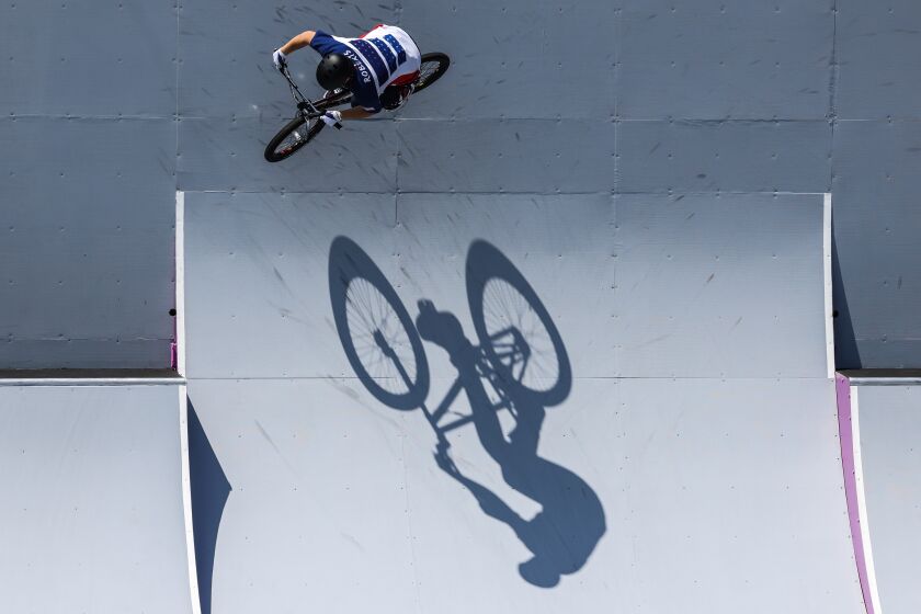 Tokyo, Japan, Sunday, August 1, 2021 - USA rider Hannah Roberts in her first run at the Women's BMX Freestyle Finals at Ariake Urban Sports Park. (Robert Gauthier/Los Angeles Times)