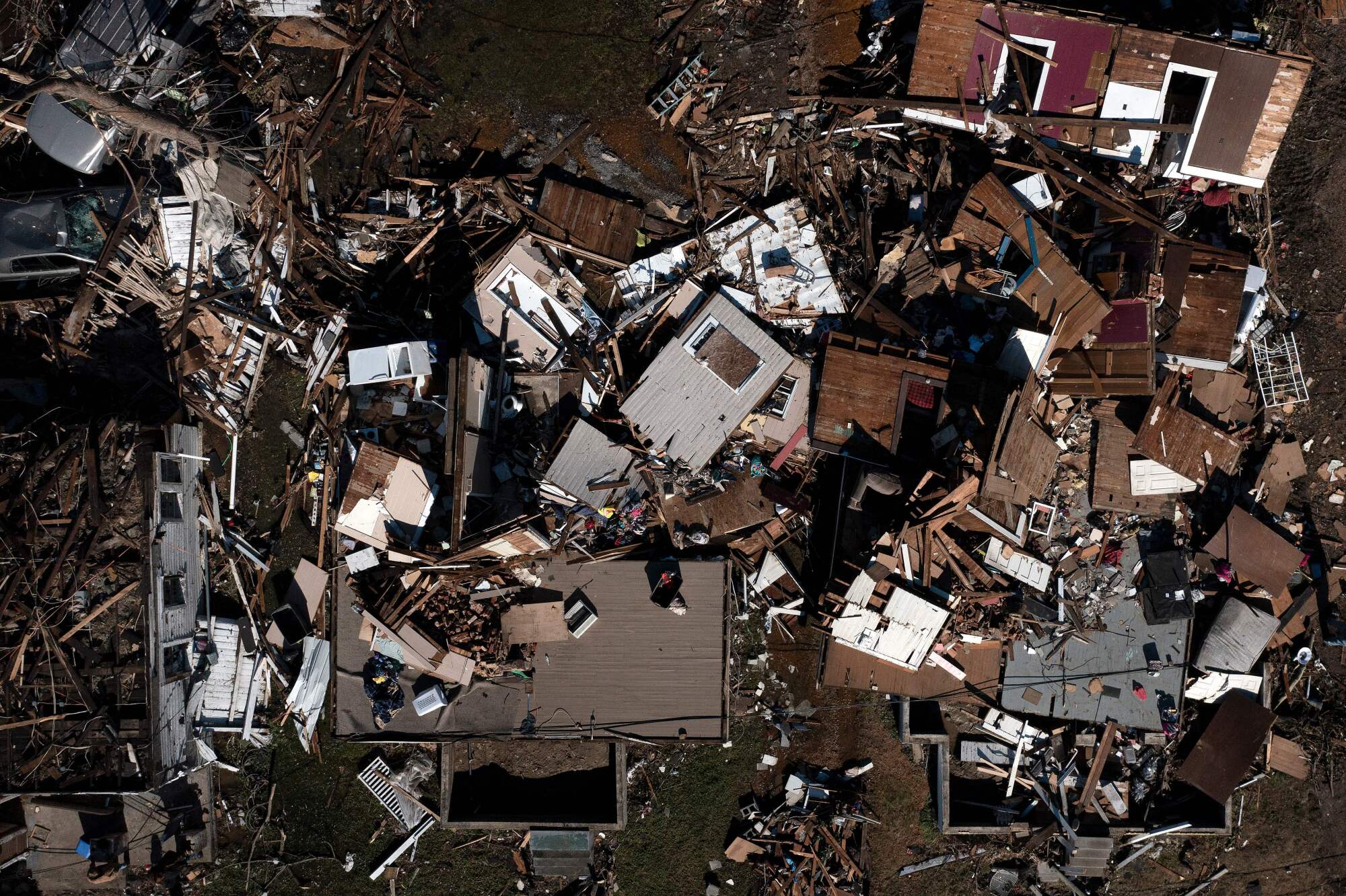 This aerial image shows tornado damage.