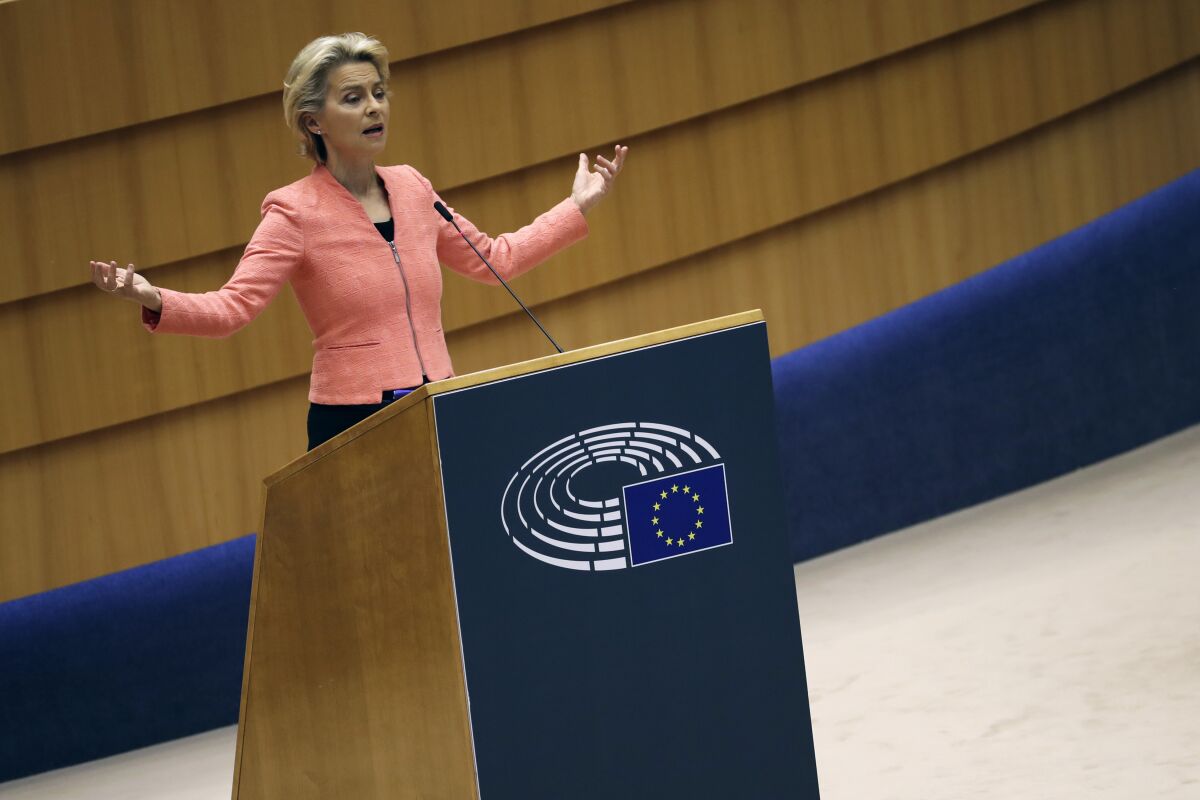 European Commission President Ursula von der Leyen addresses the plenary during her first State of the Union speech at the European Parliament in Brussels, Wednesday, Sept. 16, 2020. European Commission President Ursula von der Leyen will set out her vision of the future in her first State of the European Union address to the EU legislators. Weakened by the COVID-19 pandemic and the departure of the United Kingdom, she will center her speech on how the bloc should adapt to the challenges of the future, including global warming, the switch to a digital economy and immigration. (AP Photo/Francisco Seco)