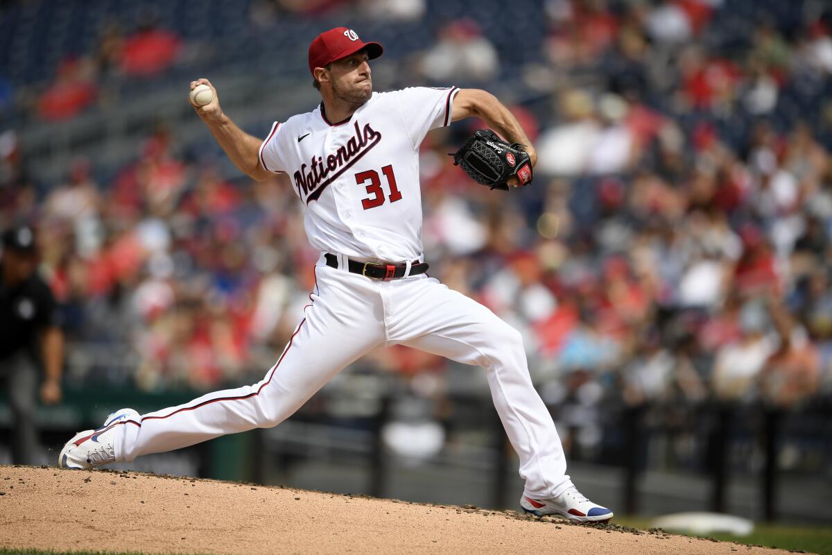 Washington Nationals pitcher Max Scherzer delivers a pitch against the San Diego Padres.