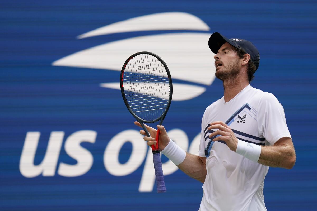 Andy Murray reacts after losing a point to Stefanos Tsitsipas during the first round of the U.S. Open on Monday.