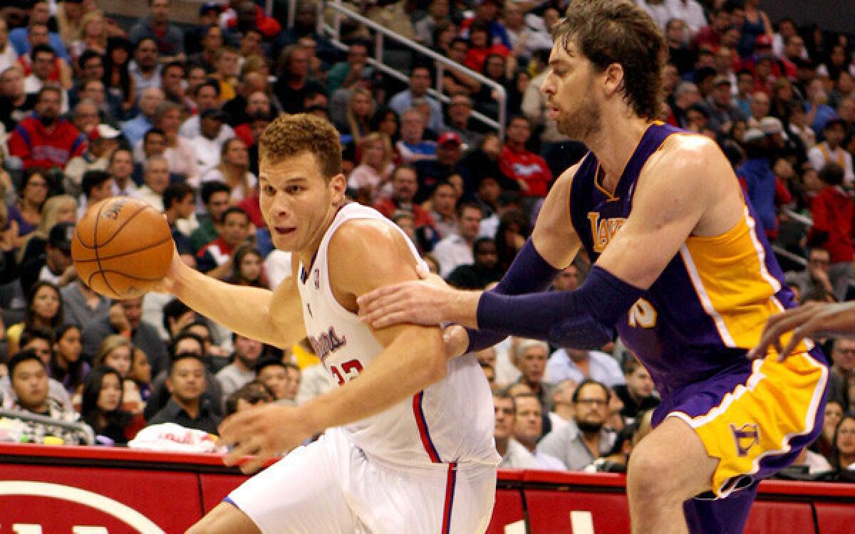 Clippers power forward Blake Griffin drives against Lakers power forward Pau Gasol during an exhibition game last month at Staples Center.