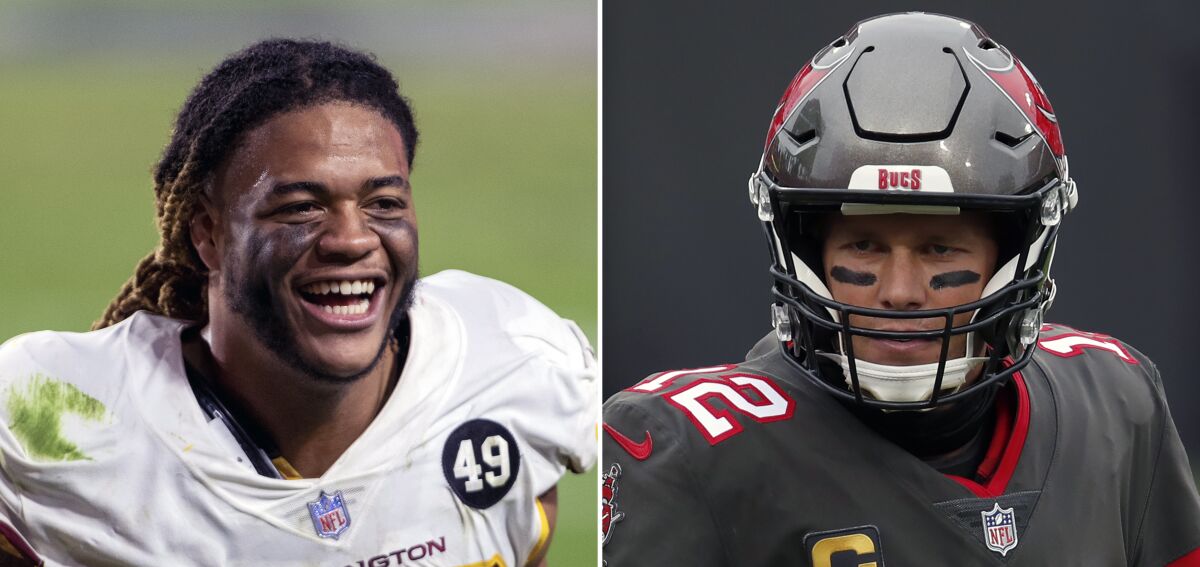 FILE - At left is a 2020 file photo showing Washington Football Team defensive end Chase Young. At right is a 2021 file photo showing Tampa Bay Buccaneers quarterback Tom Brady. Tom Brady plays his first NFL playoff game not in a New England Patriots uniform when he and the Tampa Bay Buccaneers visit defensive rookie of the year frontrunner Chase Young and NFC East champion Washington in the wild card round. Young said after clinching a spot that he wanted Brady, and now he’ll get that chance. (AP Photo/File)