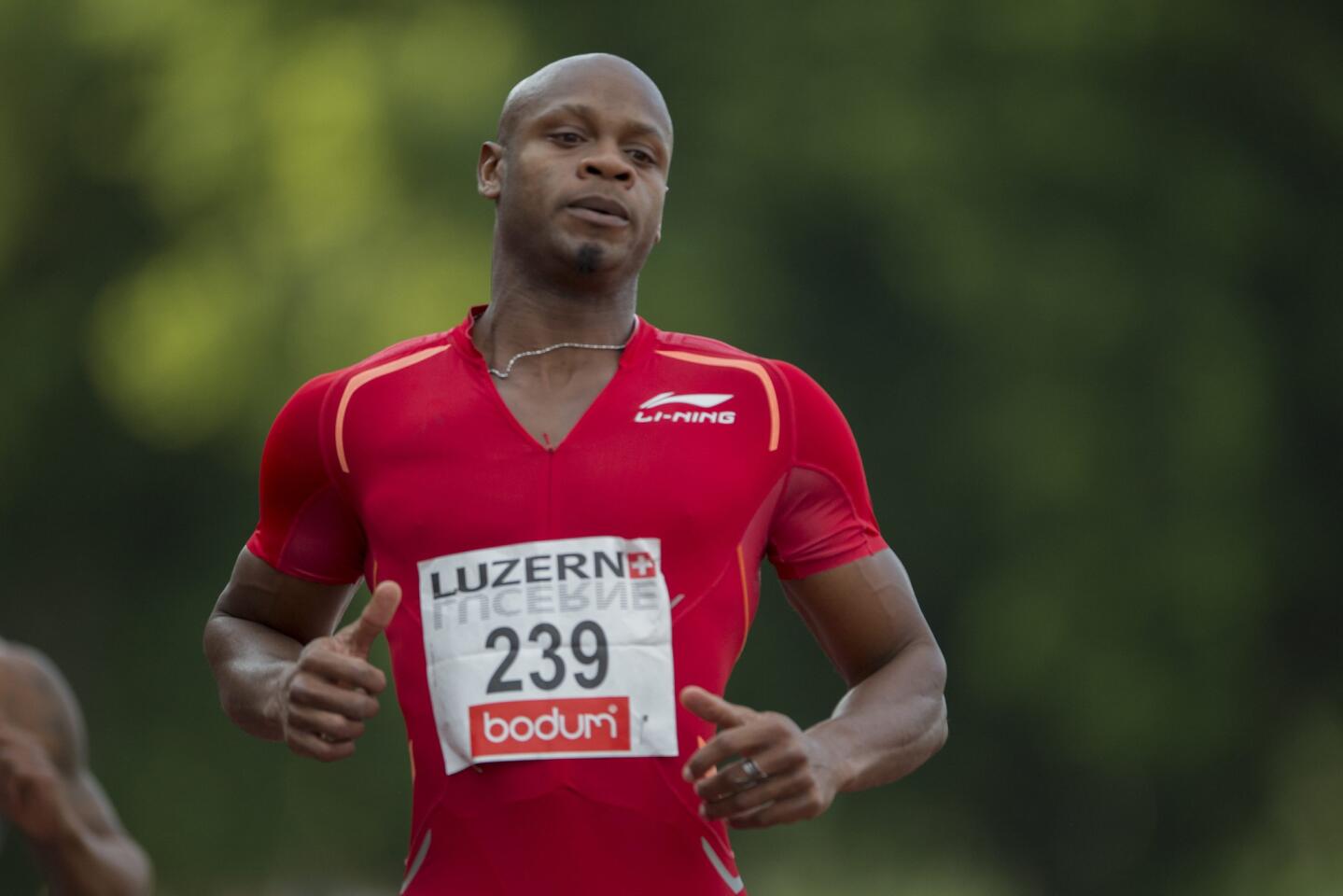 Jamaican sprinter Asafa Powell during the men's 100m race at the International Athletics Meeting in Lucerne, Switzerland on July 14.