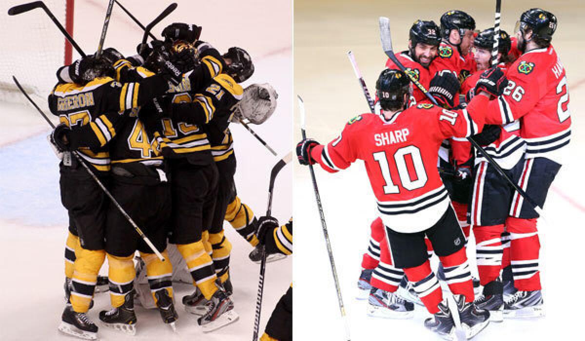 The Boston Bruins, left, or the Chicago Blackhawks -- only one team will be celebrating at the end of the Stanley Cup final.