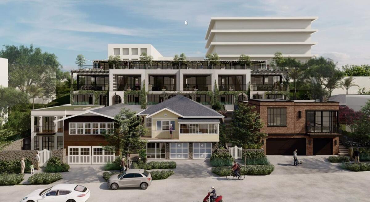 A rendering shows a proposed Coast Boulevard South development that would include six new three-story townhouses.