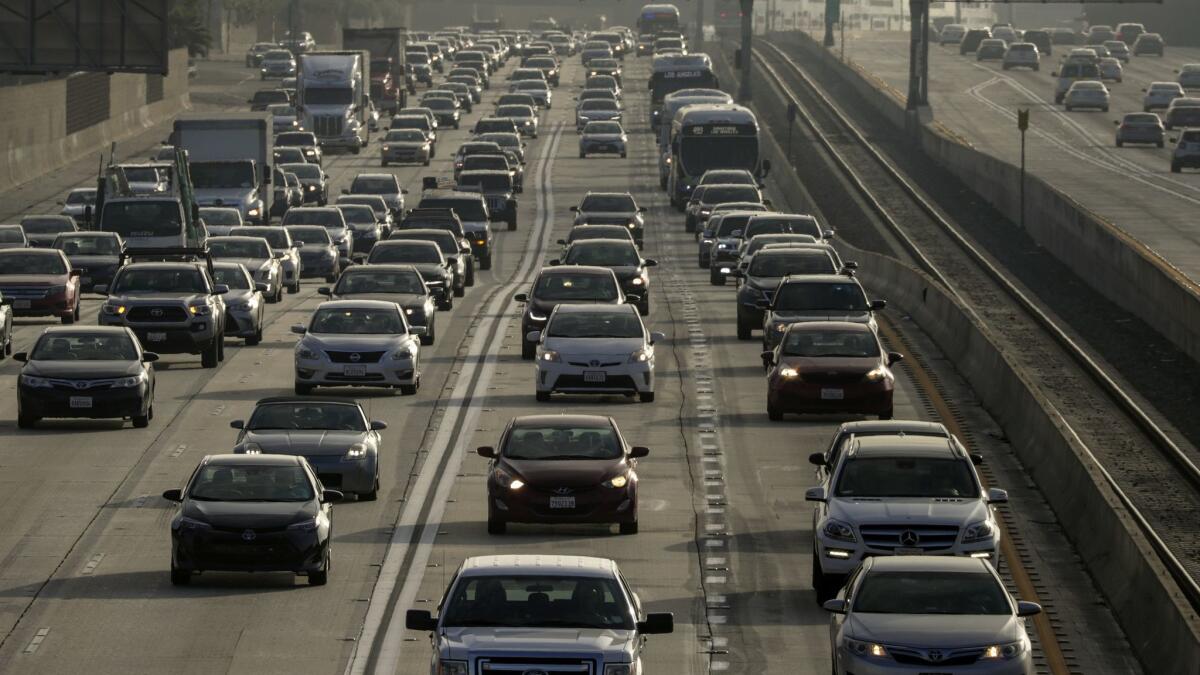 Morning commuters in Los Angeles in April.