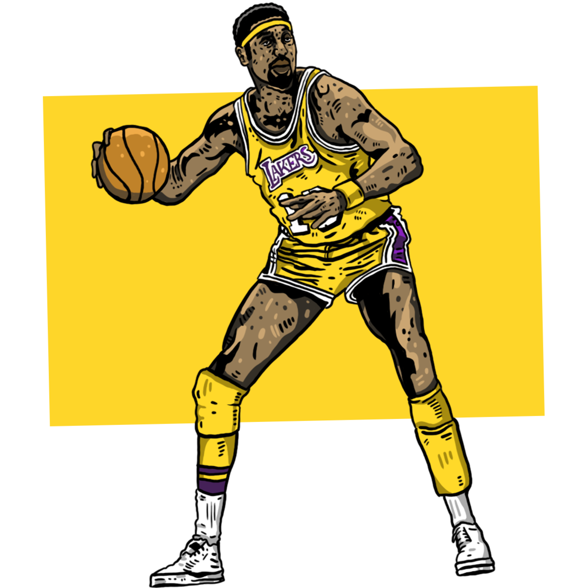 Illustration of Wilt Chamberlain in a yellow jersey dribbling a ball.