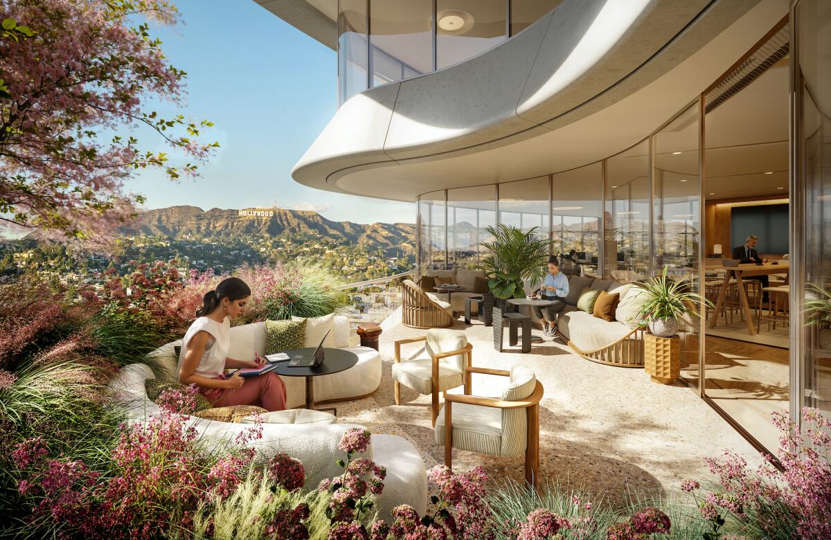 Plans for the Star office building in Hollywood call for landscaped outdoor terraces serving tenants on each floor.