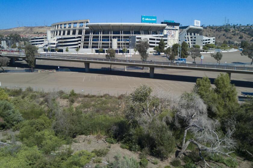 The Stadium site will be developed by San Diego State University, replacing the current stadium with a smaller, more modern venue. Mission Valley and the San Diego River will be populated with pedestrian and bicycle paths among all of the other improvements planned in the Mission Valley Master Plan. The area was photographed on Friday San Diego on Sept. 6th San Diego, CA.