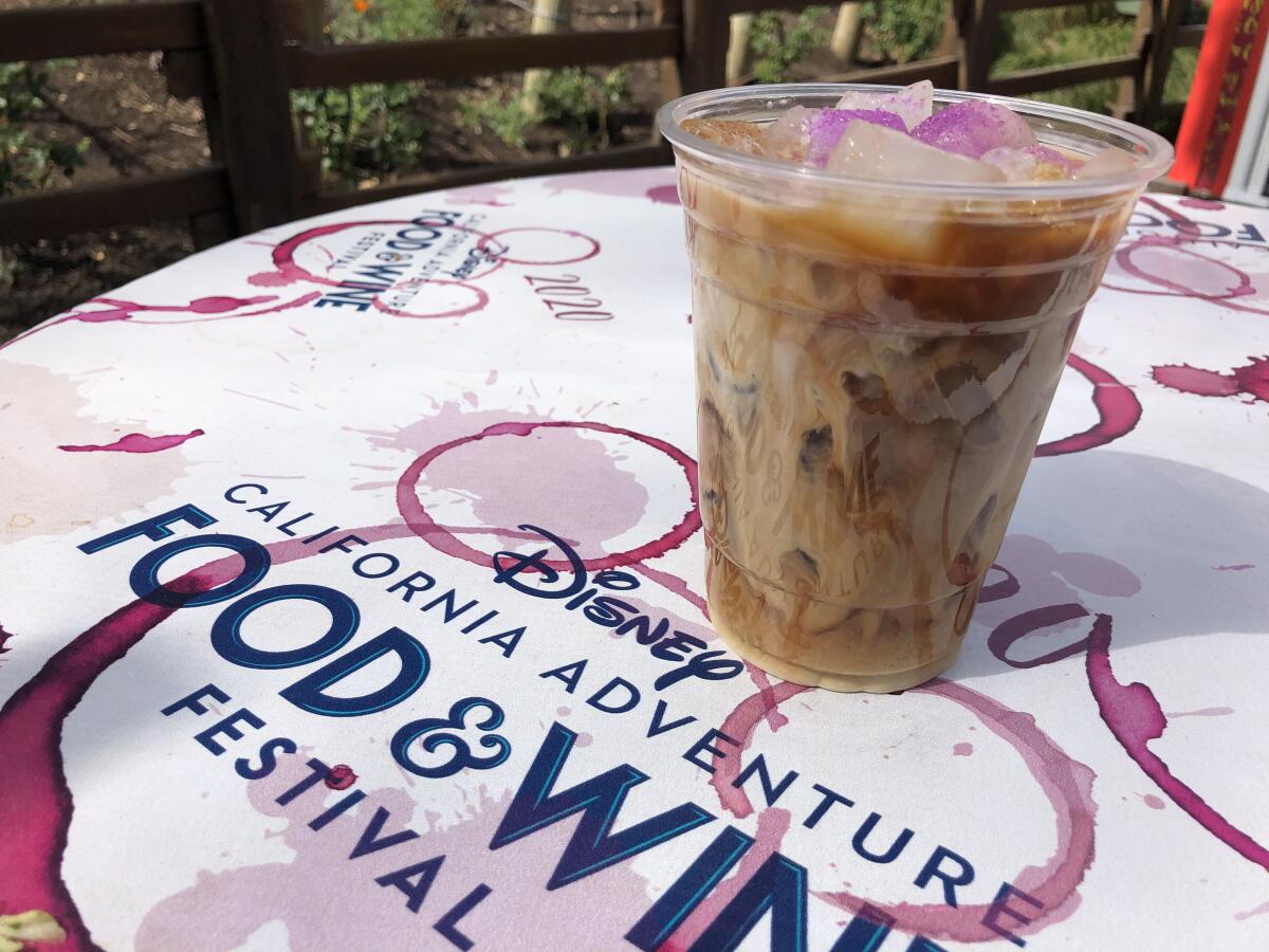 Fig and Lavender cold brew coffee at the Golden Dreams booth at the Disney California Adventure 2020 Food & Wine Festival.